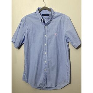 Ralph Lauren Shirt Men's Medium Blue & White Gingham Seersucker Short Sleeve